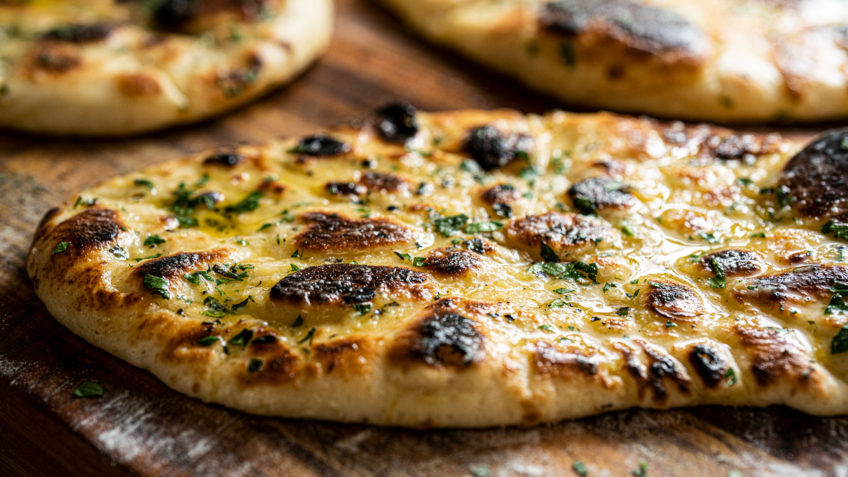 Simple Garlic naan cooked in a cast iron skillet